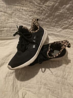 Adidas Black Athletic Sneakers with Leopard-Print Collar